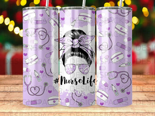 Purple tumbler with #NurseLife design featuring stethoscopes, bandages, and a messy bun.