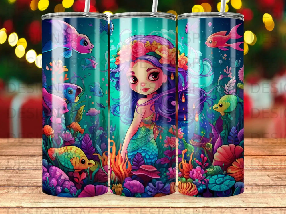 Mermaid with colorful fish and coral reef.
