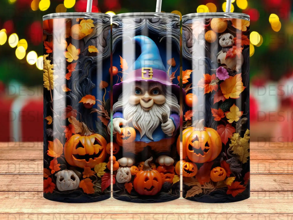 Gnome with pumpkins and fall leaves pattern on a tumbler.