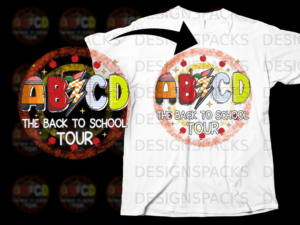 "ABCD" graphic with apples and rulers, "The Back to School Tour" text.