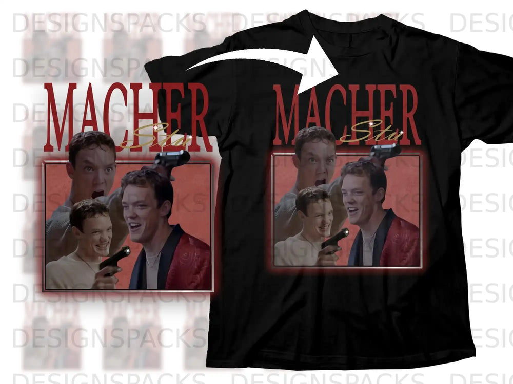 Black t-shirt featuring the "Machop" logo and a still from the movie, two men smiling.