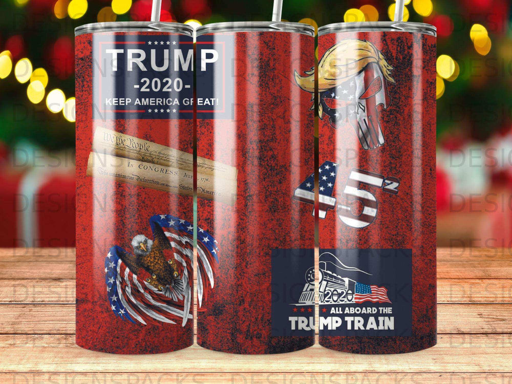 2020 Trump campaign tumbler with American flag, eagle, and text.
