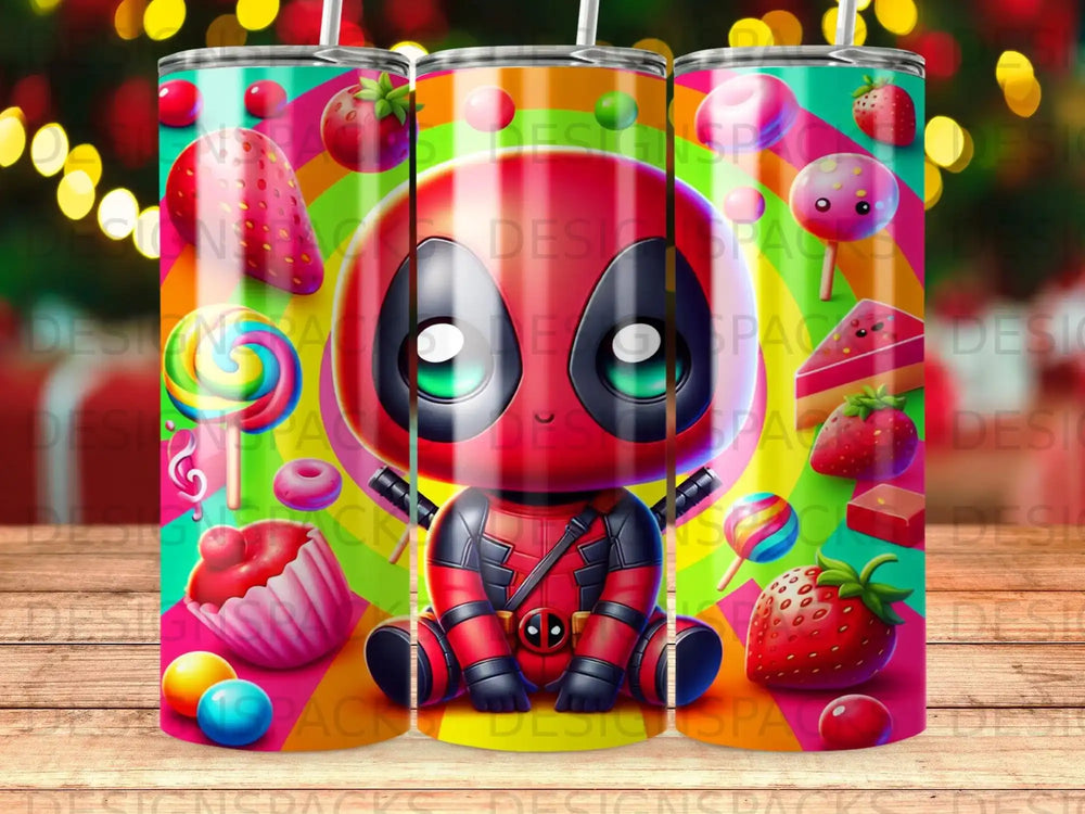 Deadpool character with colorful candy and sweets.