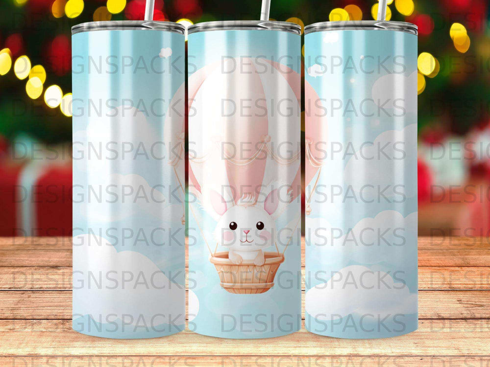 White bunny in hot air balloon with clouds and repeating "DESIGNSPACKS" watermark.