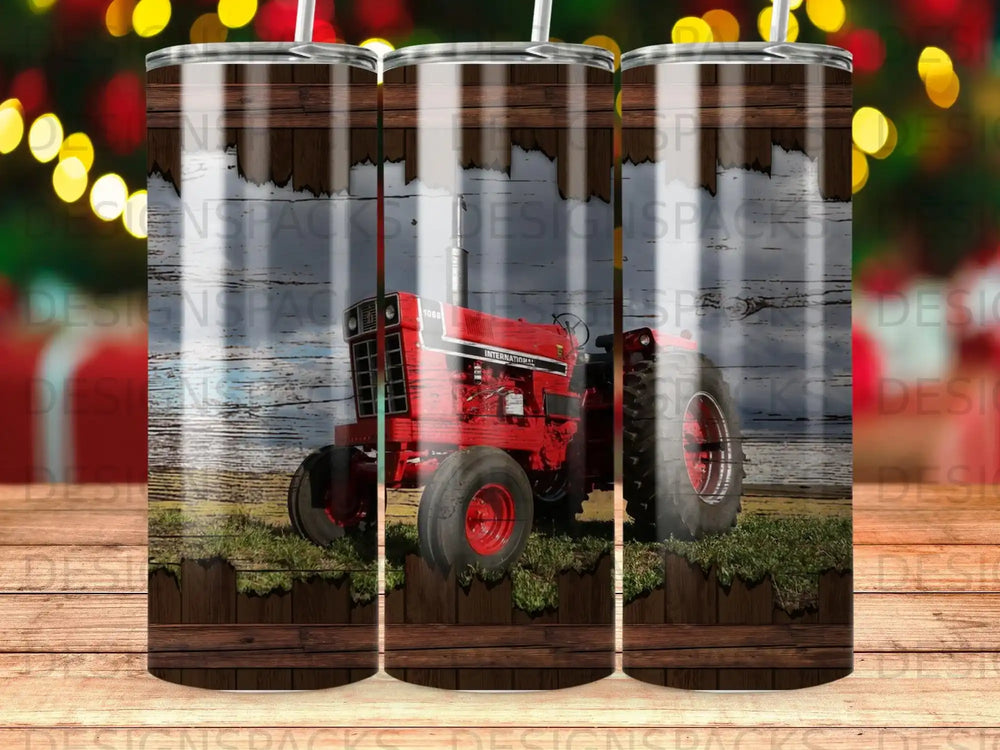 Red International Harvester tractor on a grassy field, with wooden frame border.