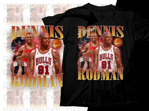 Dennis Rodman 91 Bulls graphic tee with player image.