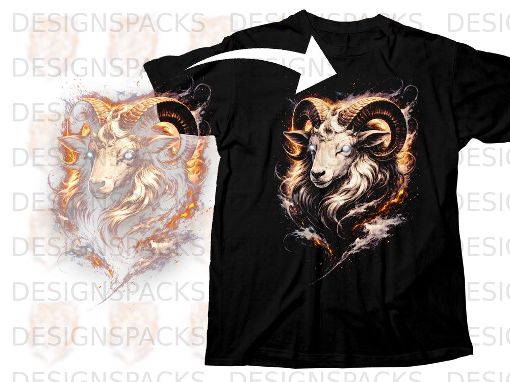 Black t-shirt featuring a fiery Aries ram graphic with glowing eyes.