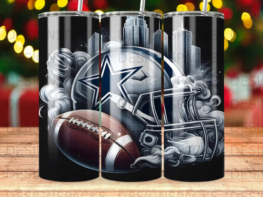 Dallas Cowboys helmet, football, and city skyline illustration on a black background.