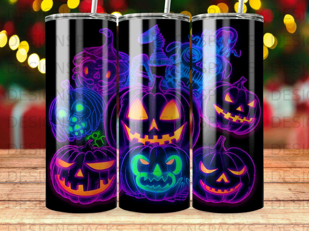 Halloween pumpkins and spooky characters in neon outline on a tumbler.