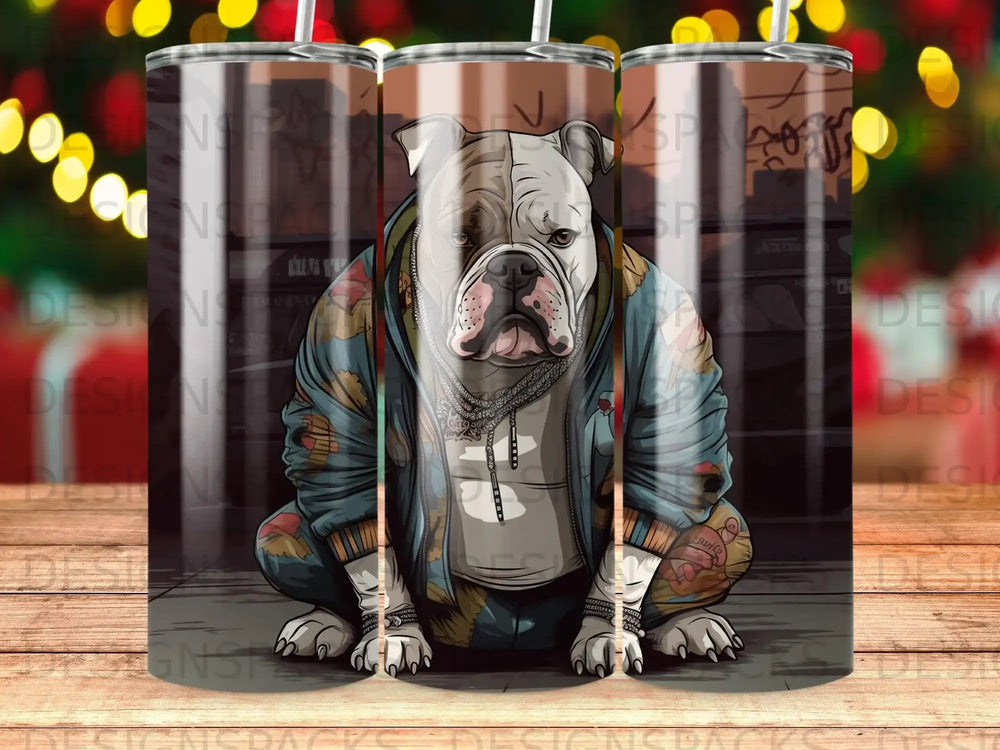 Bulldog in a hoodie and chains, tattoo sleeves, against a blurred colorful background.
