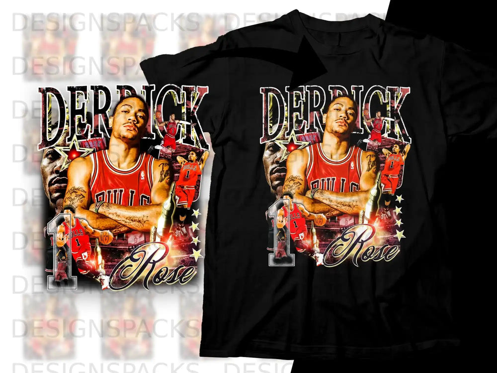 Derrick Rose Chicago Bulls jersey and portrait on black t-shirt.
