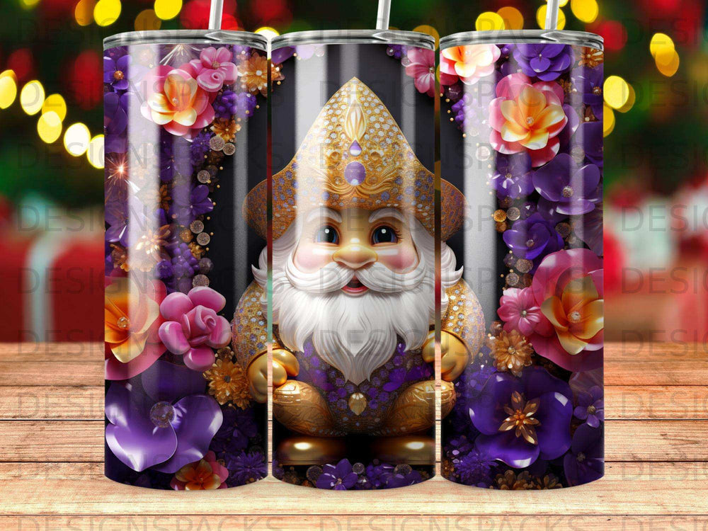 Gnome with white beard and gold hat surrounded by purple and pink flowers.