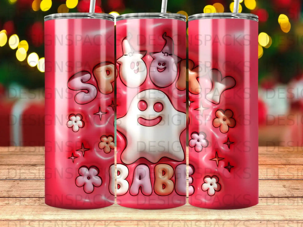 Spooky ghost and "BABE" text on a Halloween-themed tumbler.