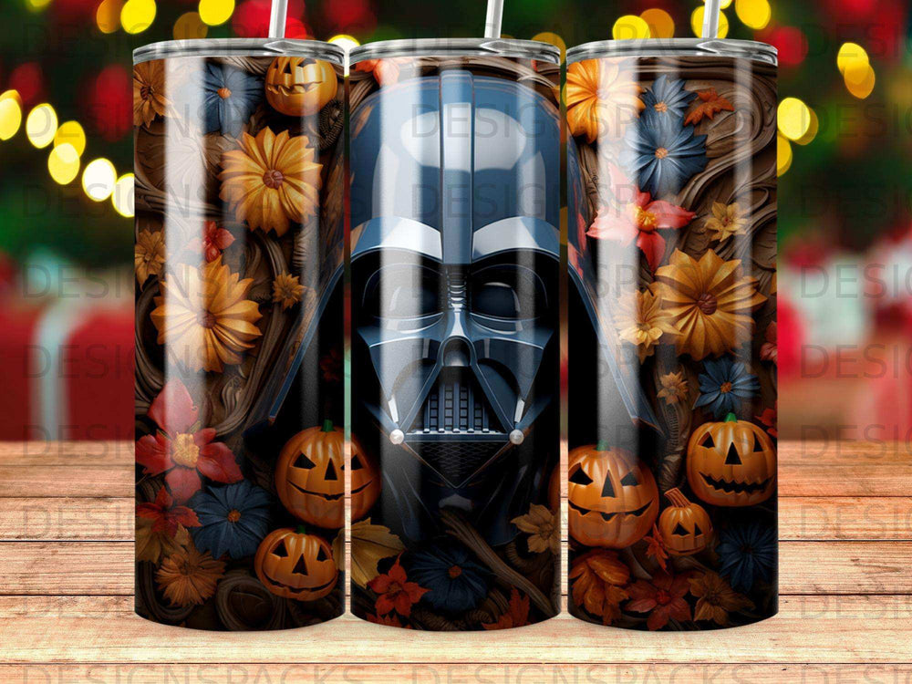 Darth Vader with pumpkins and autumn flowers on a tumbler.