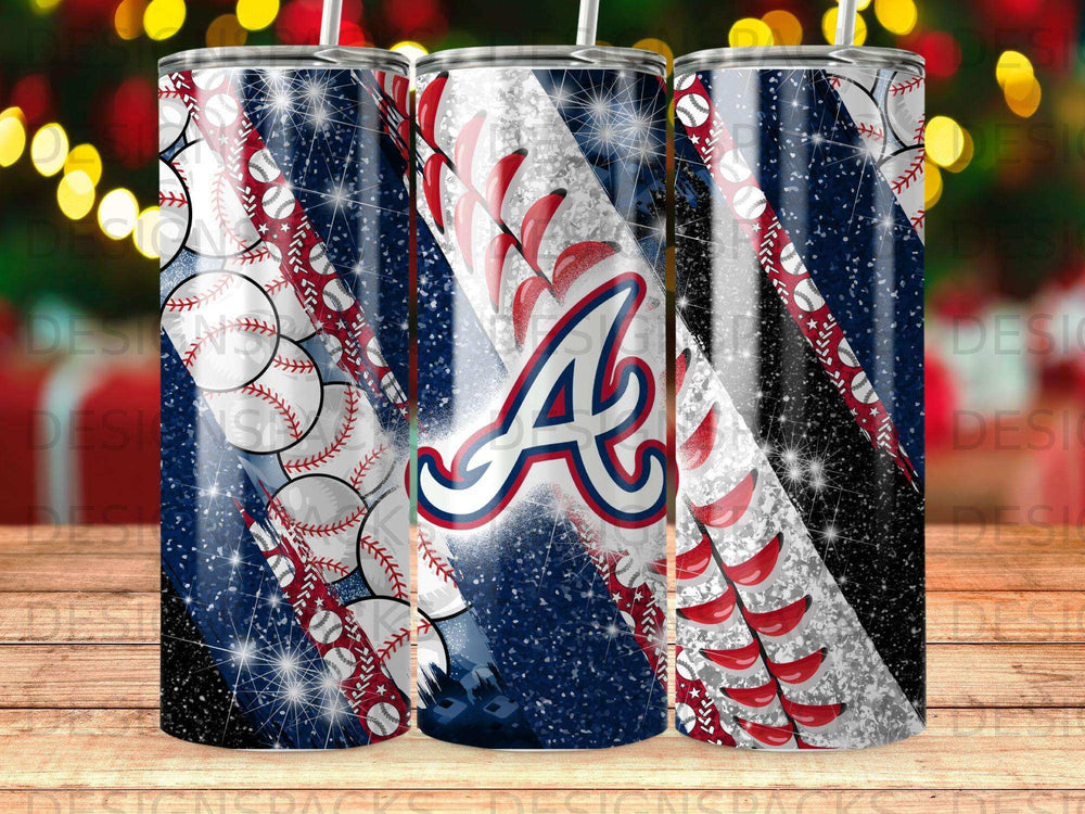 Atlanta Braves baseball tumbler with logo, baseballs, and stars.