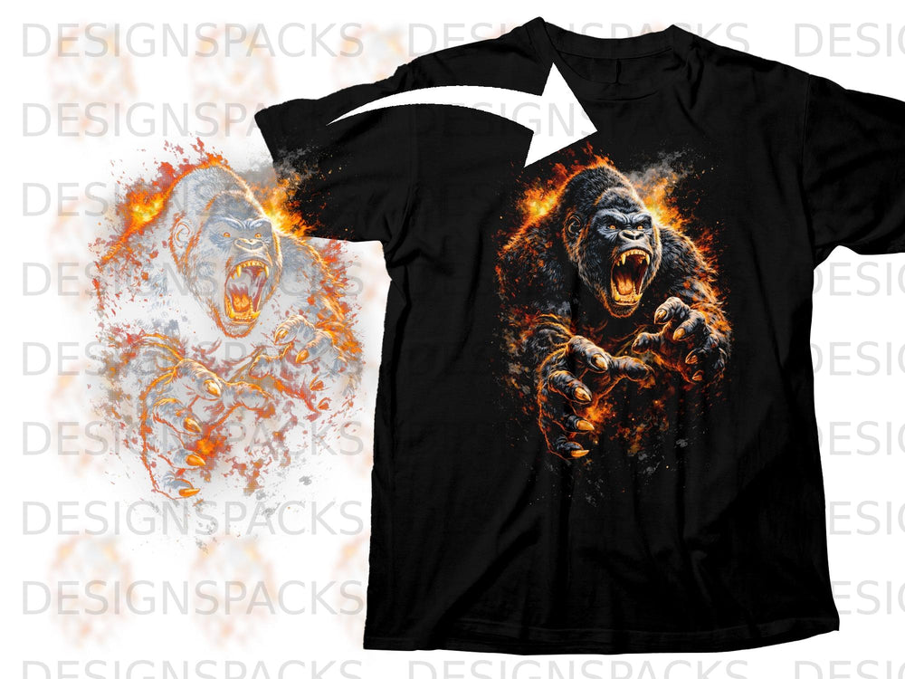 Black t-shirt with a roaring gorilla graphic set in flames.