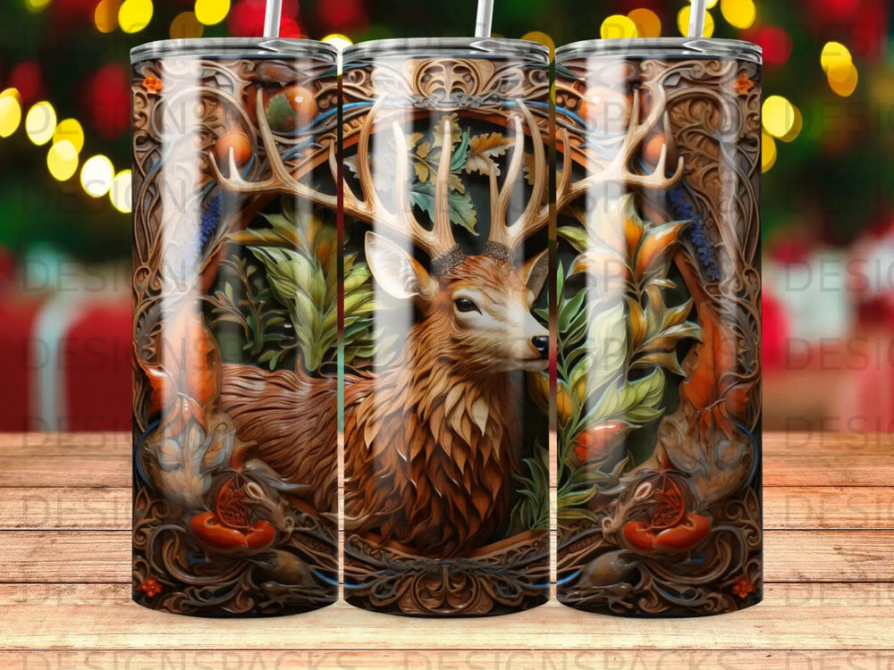 Detailed illustration of a stag's head with antlers in a woodland scene.
