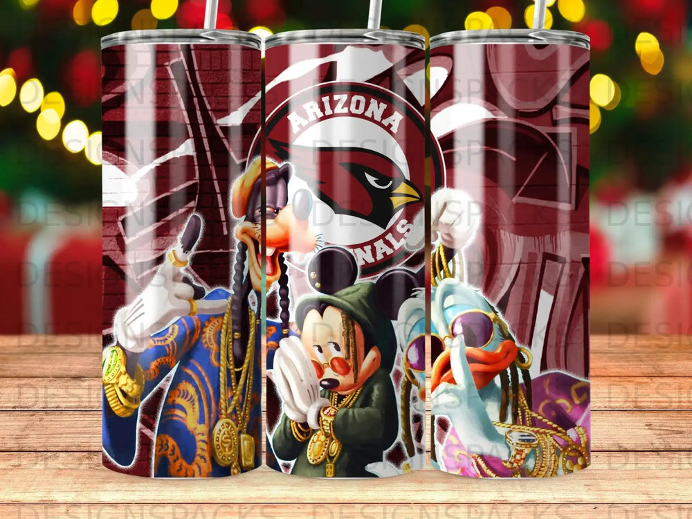 Cartoon characters in Arizona Cardinals attire with bling, on a tumbler.