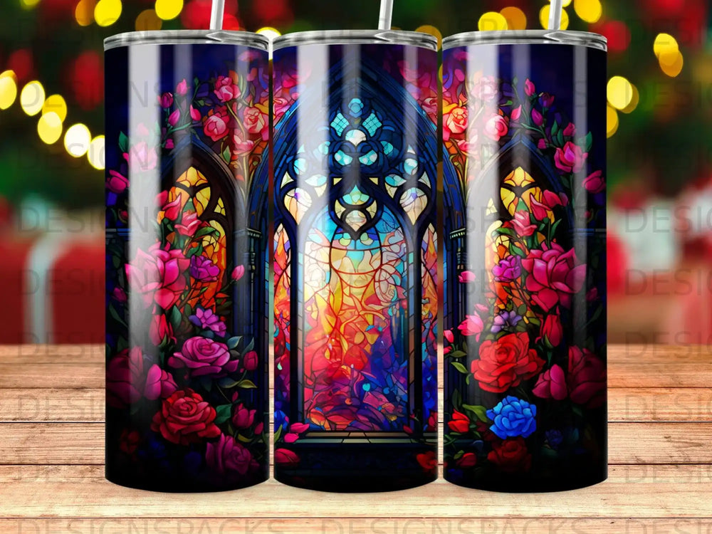Gothic stained glass window with vibrant roses and floral design.