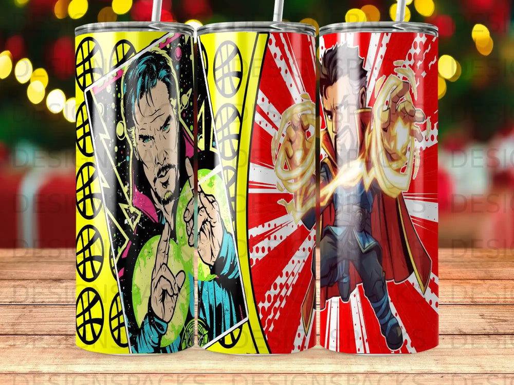 Doctor Strange artwork on three cylindrical tumblers with yellow, red, and green accents.
