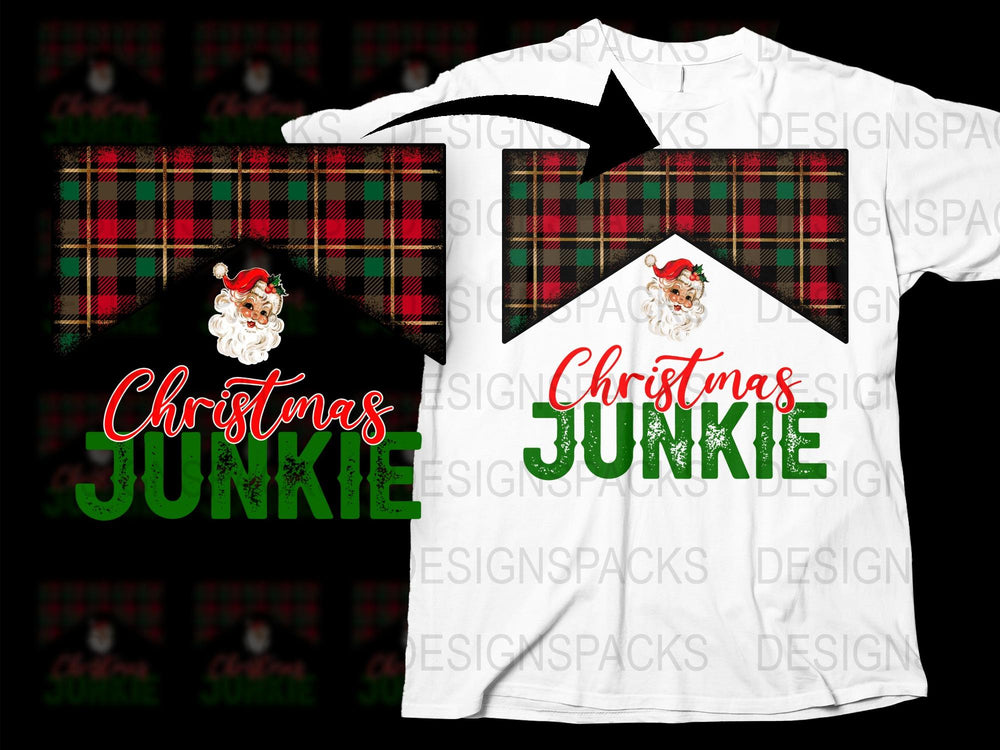 Christmas Junkie T-Shirt, Festive Santa Graphic, Plaid Pocket Design, Holiday Casual Wear