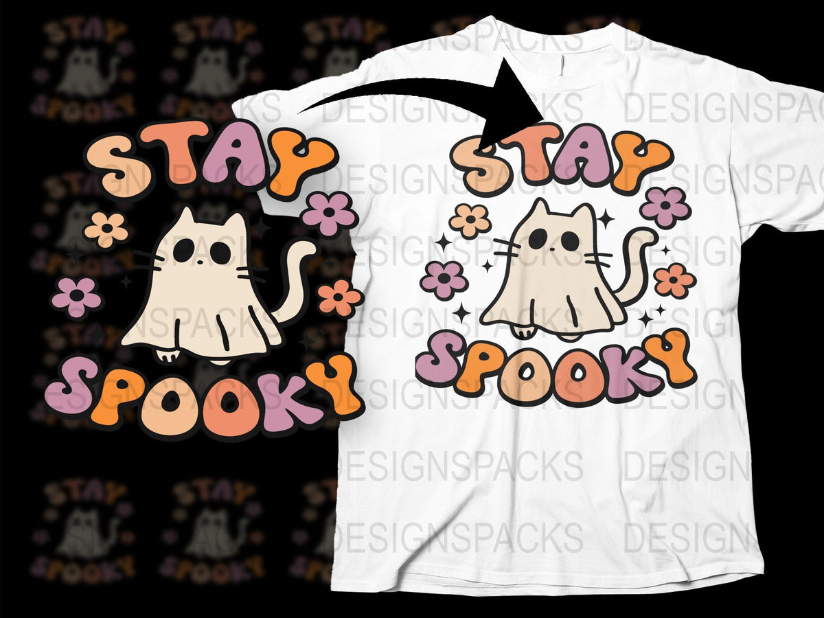 Stay Spooky Halloween Cat T-Shirt, Cute Ghost Cat Graphic Tee, Unisex Casual Fall Fashion Shirt, Fun October Apparel