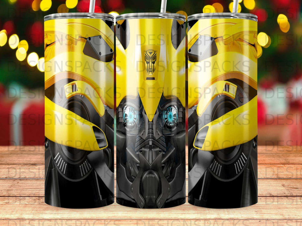 Bumblebee Autobot mask on a yellow and black striped tumbler.