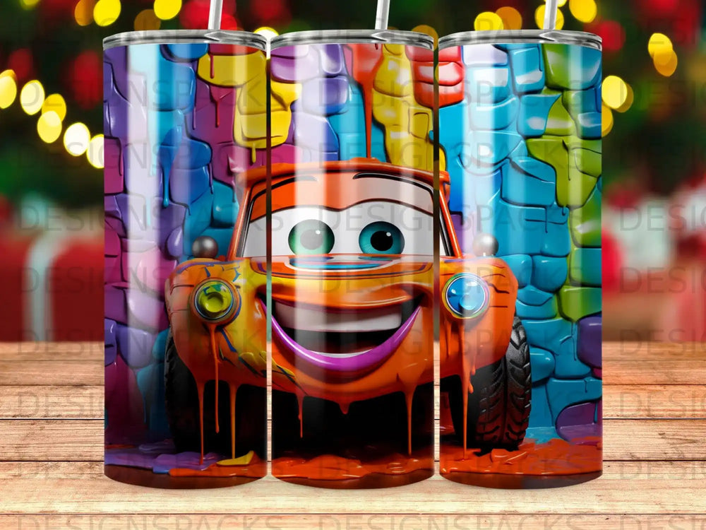 Orange cartoon car with big eyes, covered in colorful paint drips.