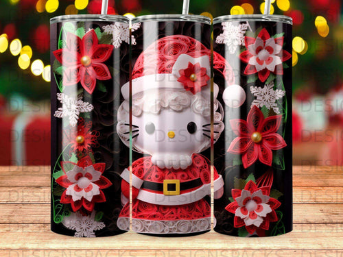 Hello Kitty in Santa costume with red and white poinsettias and snowflakes.