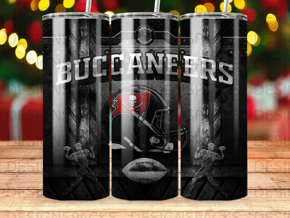 Tampa Bay Buccaneers helmet and logo on a black textured tumbler.