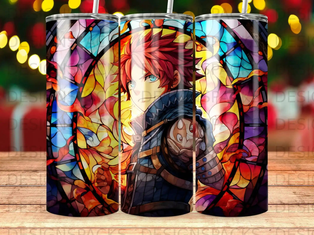 Anime character with red hair and blue eyes against a stained glass background.