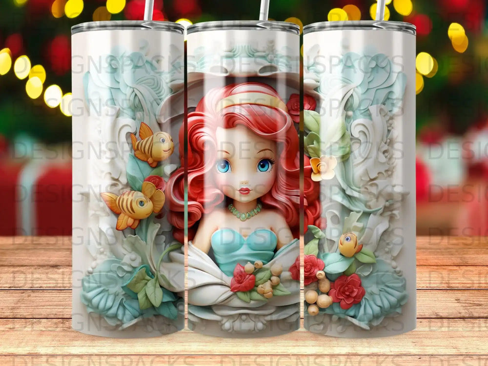 Ariel from The Little Mermaid with red hair and blue dress, surrounded by shells.