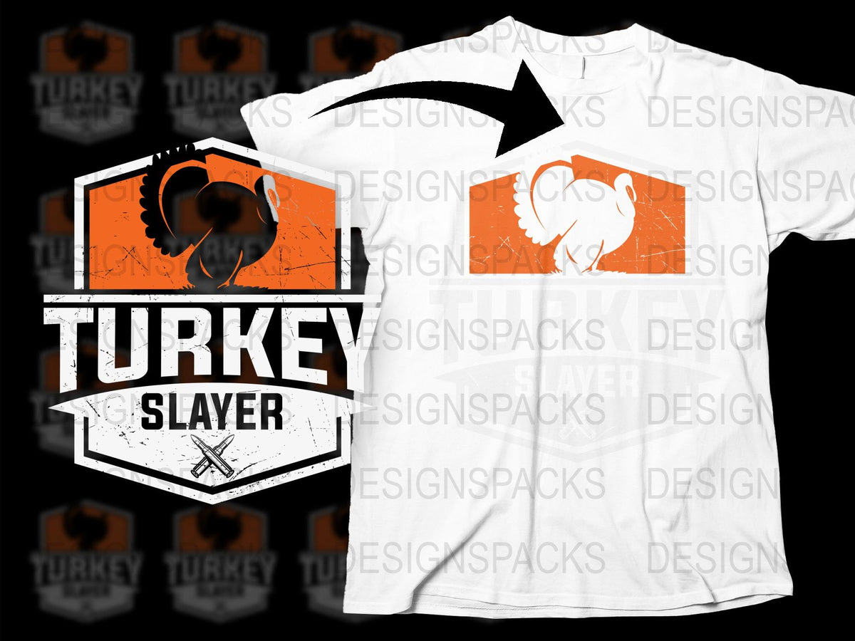 Turkey Slayer Hunting T-Shirt, Thanksgiving Hunter Tee, Orange and White Graphic Shirt, Outdoor Sports Apparel