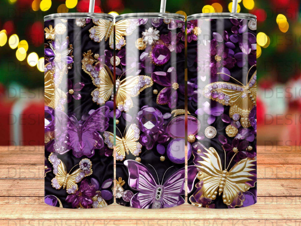 Purple and gold butterflies and jewels pattern on a tumbler.