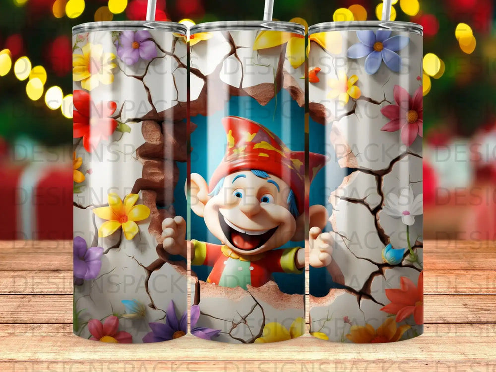 Gnome peeking through cracked wall with colorful flowers.