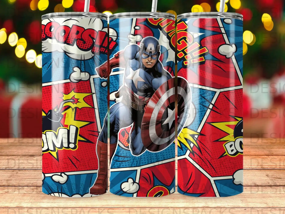 Captain America shield superhero cartoon art on a tumbler.