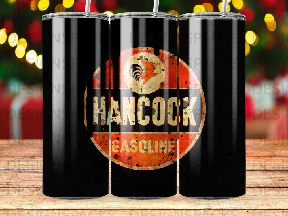 Black tumbler with a vintage Hancock gasoline logo featuring a rooster.