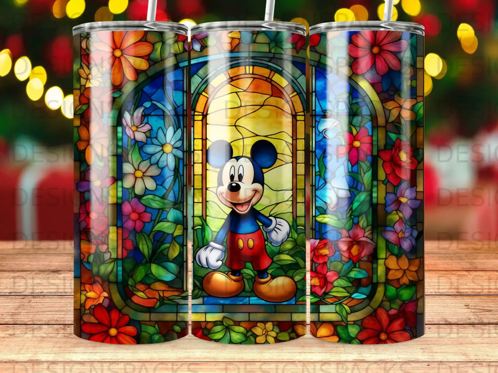 Mickey Mouse in stained glass with floral details.