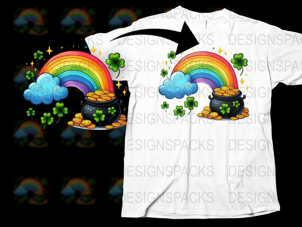 St. Patrick's Day T-Shirt Rainbow Pot of Gold and Four-Leaf Clovers Graphic Tee