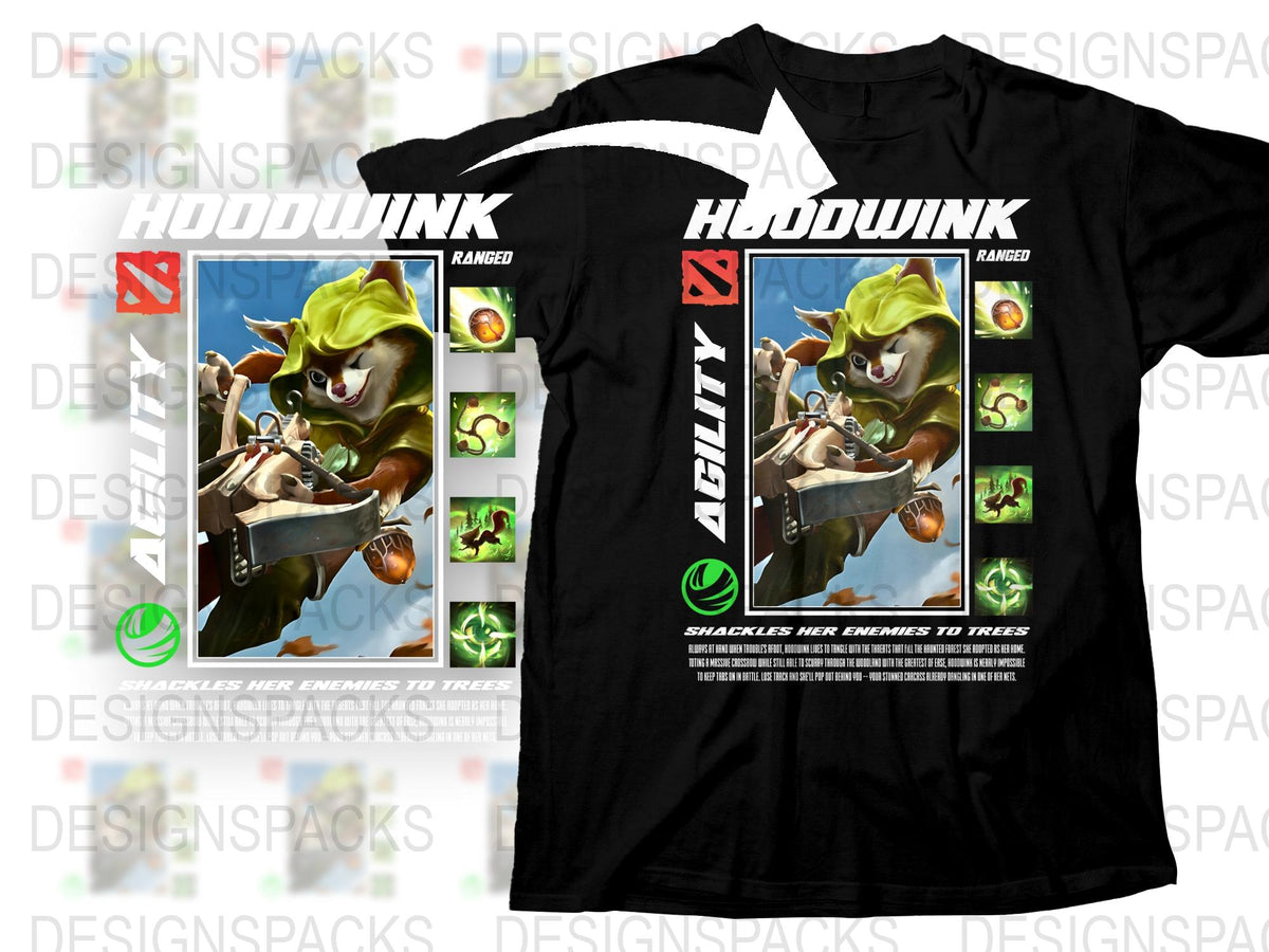 Hoodwink Dota 2 Character T-Shirt, Agility Hero Graphic Tee, Gaming Apparel, Unisex Black Cotton Shirt