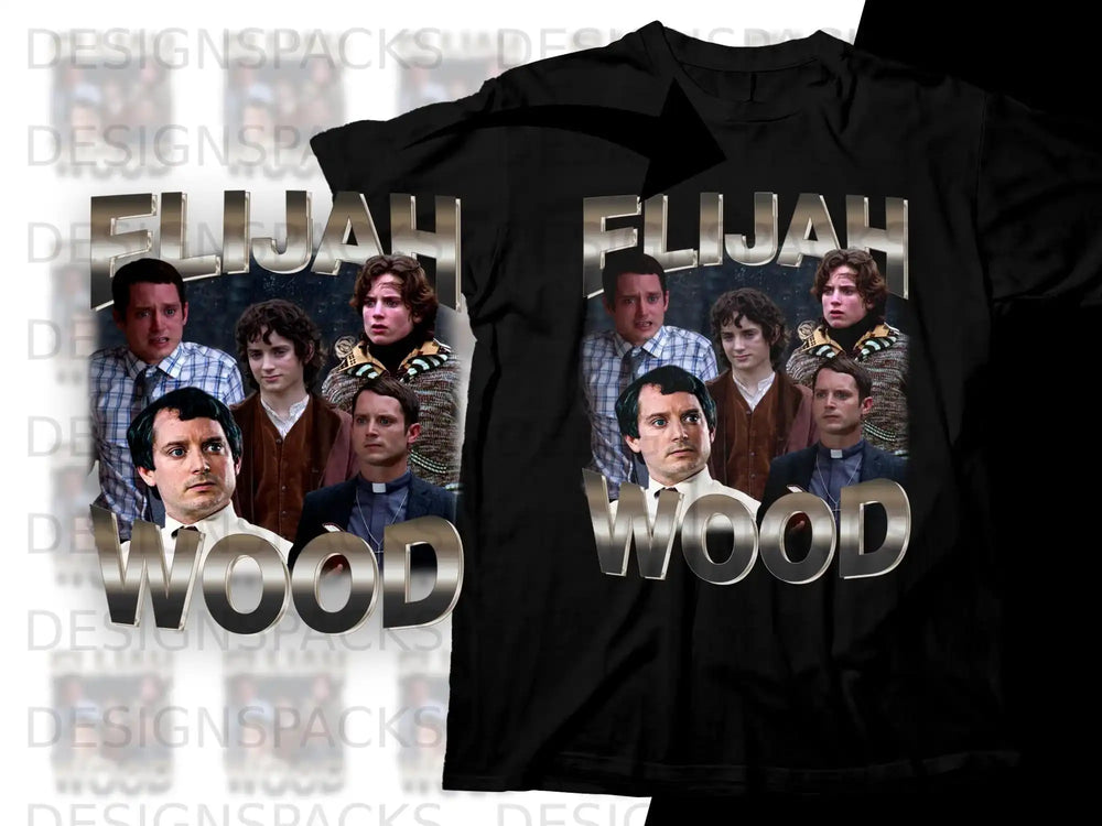 Elijah Wood collage with text and watermarks.