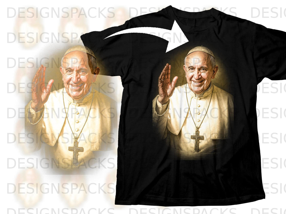 Pope Francis waving, wearing a white cassock and gold cross necklace.