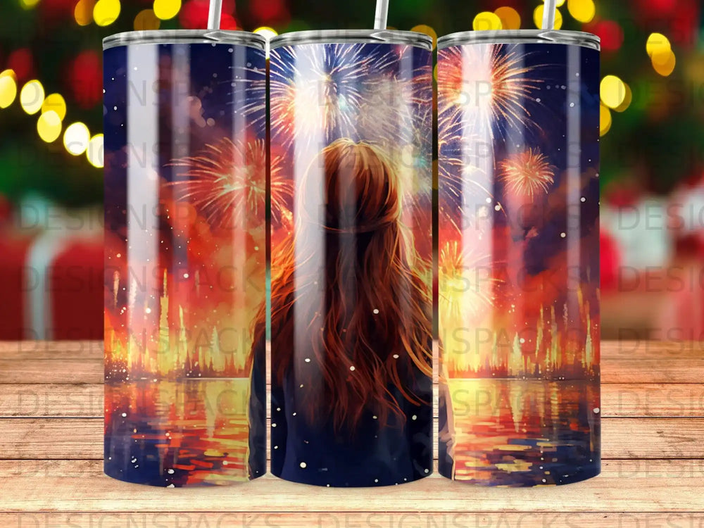 Woman watching fireworks over water reflection.