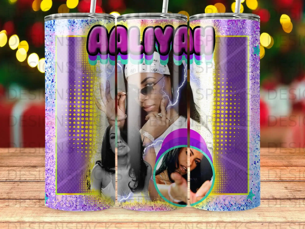 Aaliyah tumbler with colorful graphic and her image.