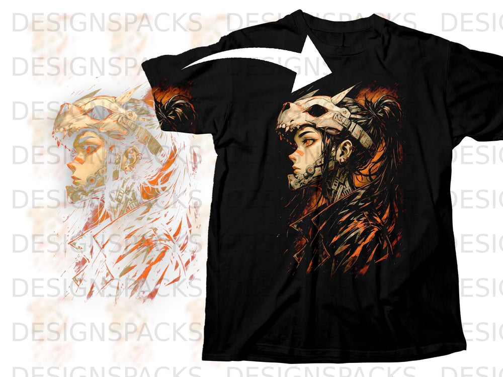 Black t-shirt featuring a cyberpunk anime character with a skull mask and fiery accents.