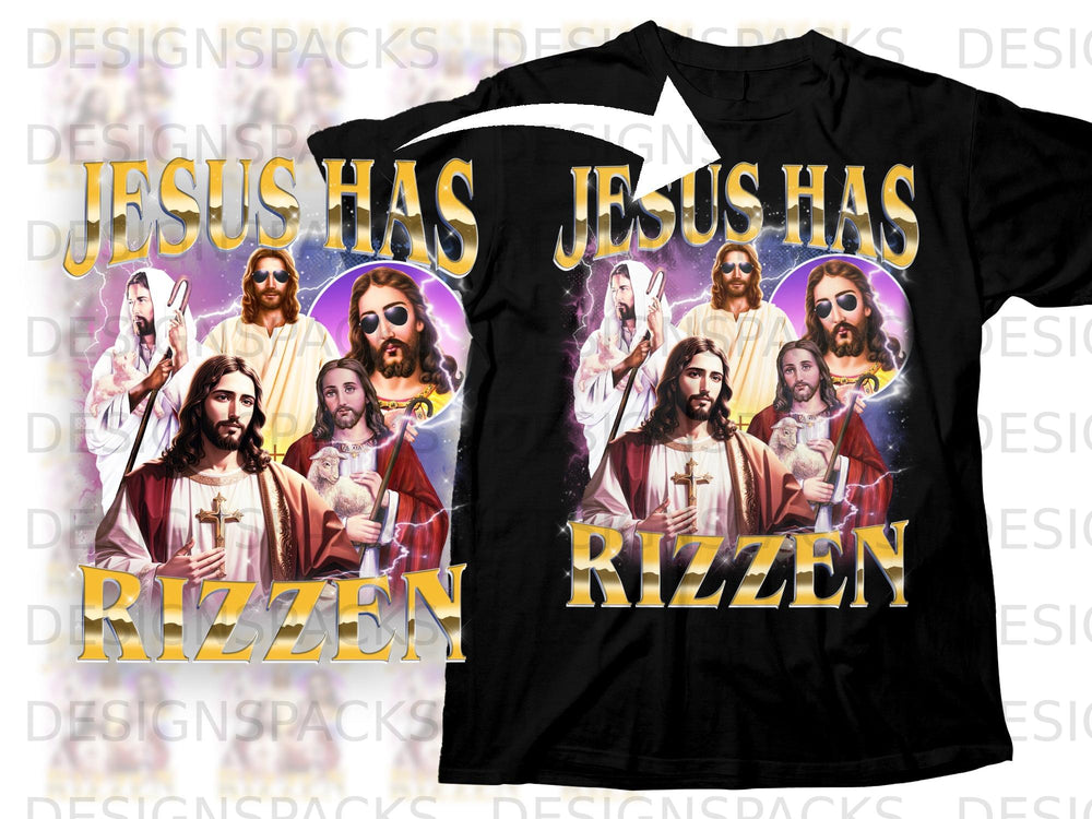 Black t-shirt with gold text "JESUS HAS RIZZEN" and multiple images of Jesus.
