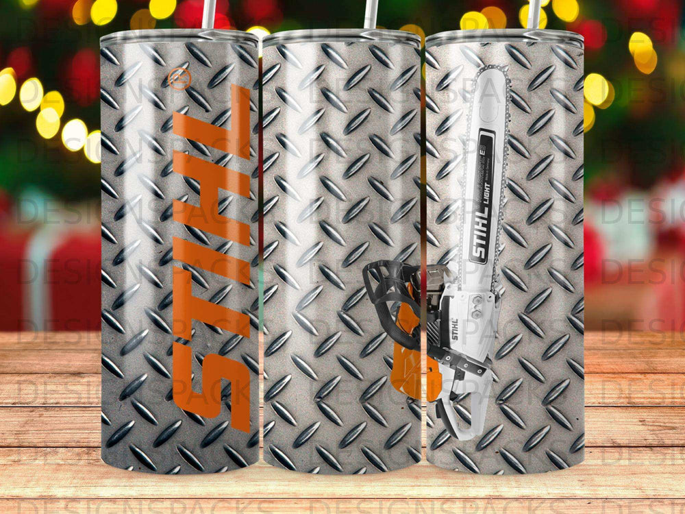 Stihl logo on diamond plate pattern tumbler with Stihl chainsaw graphic.