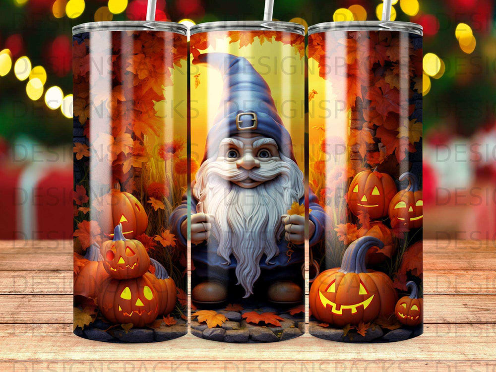 Gnome with pumpkins and autumn leaves on a tumbler.