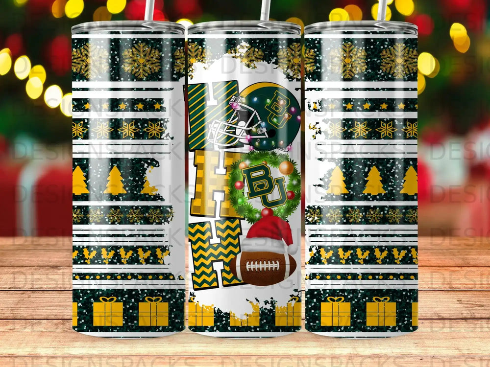 Christmas tumbler with Baylor Bears logo and festive holiday patterns.