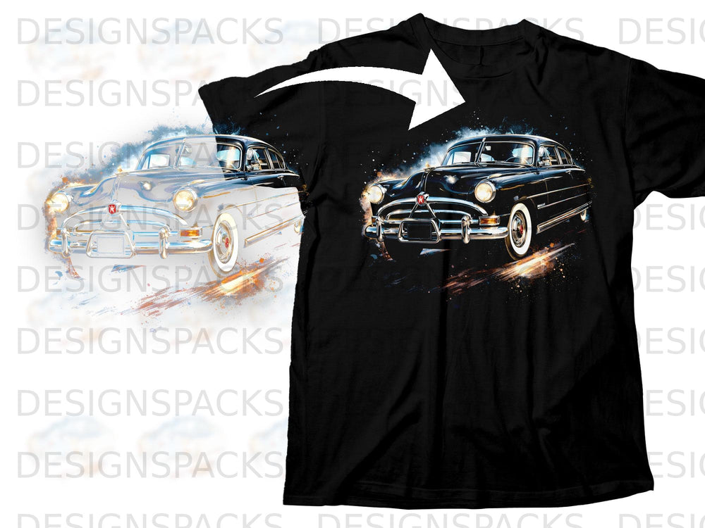 Black t-shirt featuring a vintage car graphic with splatters and a white arrow.